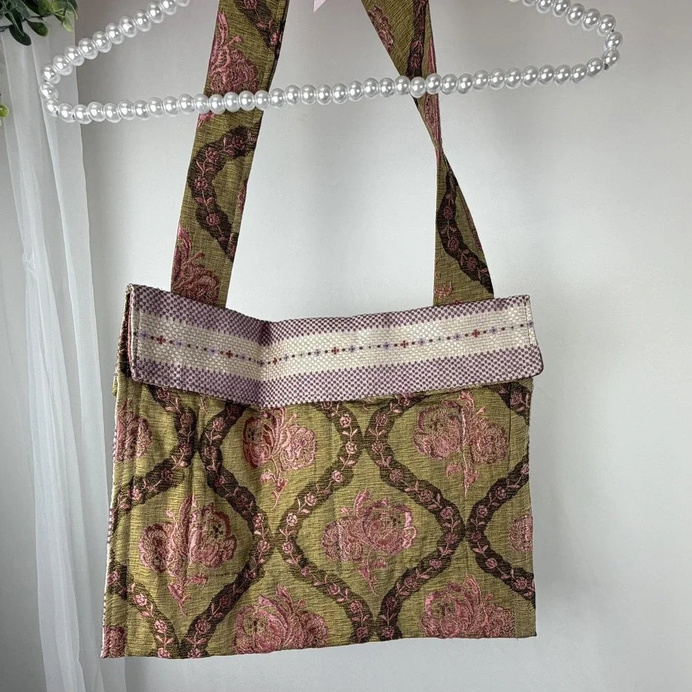 Rose Flower Quilt Purse Handmade Pockets Hippie Boho 12.5x10
